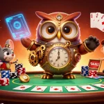 Experience the thrilling world of sun win with a vibrant 3D casino scene featuring a time-traveler owl.