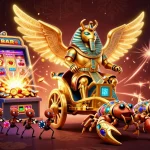 Win with no deposit casino bonuses using dynamic 3D visuals featuring a golden scarab and slot machine.