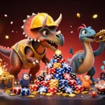 Engage with s8's thrilling casino adventure featuring cartoon dinosaurs celebrating with poker chips.