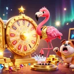Experience the excitement of RR88 with a dynamic game show scene filled with treasures and fun.
