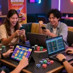 Players celebrating wins while engaging in slot gacor games in a vibrant gaming lounge.